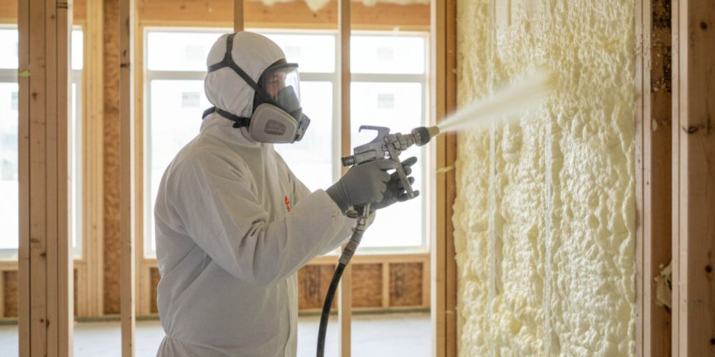 A Pro-Seal technician in a full protective suit and respirator applies spray foam insulation to a wall in a new construction home.